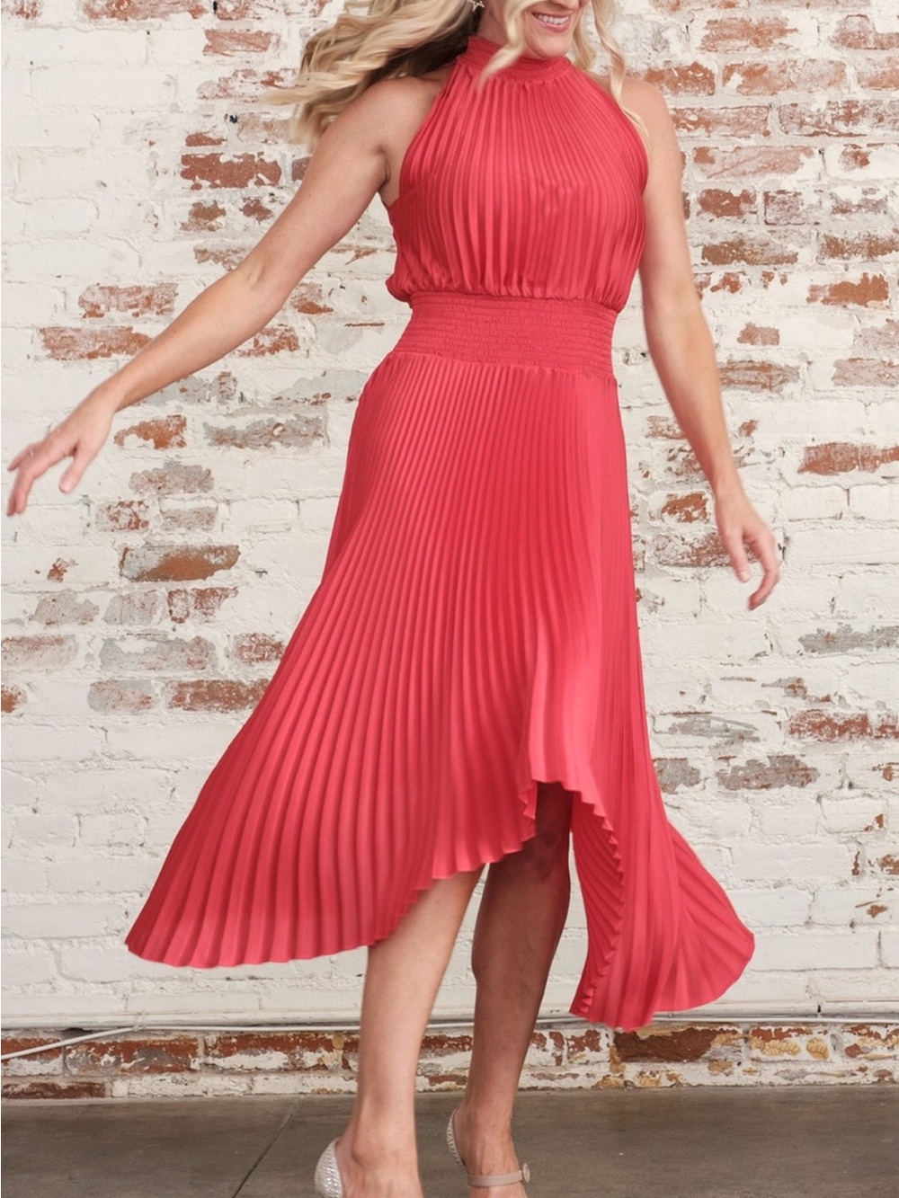 1. State Red Pleated Halter Midi Dress